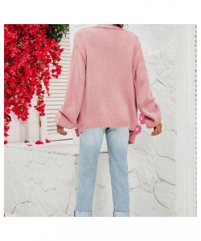 Women's Flower Cardigan Lantern Sleeve Sweater Flower Applique Open Front Knit Cardigan Sweater Floral Fit Knit Outfit Pink $...