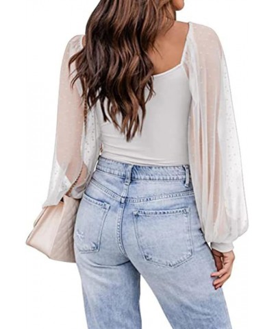 Women's Square Neck Ribbed Knit Sheer Mesh Long Sleeve Blouse Tops White $14.76 Blouses