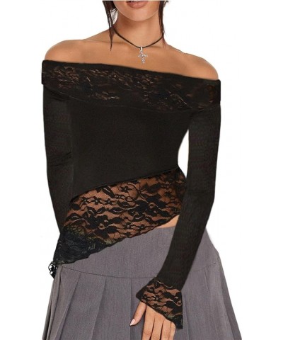 Floral Lace Long Sleeve Shirts for Women Sexy Y2k Off Shoulder Sheer Mesh Lace Trim Fairy Crop Top 08-patchwork Black $12.38 ...