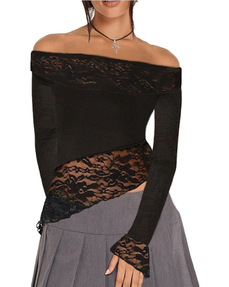 Floral Lace Long Sleeve Shirts for Women Sexy Y2k Off Shoulder Sheer Mesh Lace Trim Fairy Crop Top 08-patchwork Black $12.38 ...