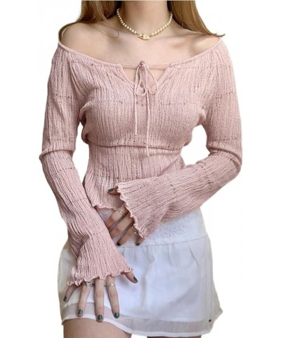 Women Y2K Off Shoulder Sweater Kawaii Long Sleeve Lace Trim Ribbed Knit Pullover Top Cute Jumper Coquette Streetwear Pink $11...