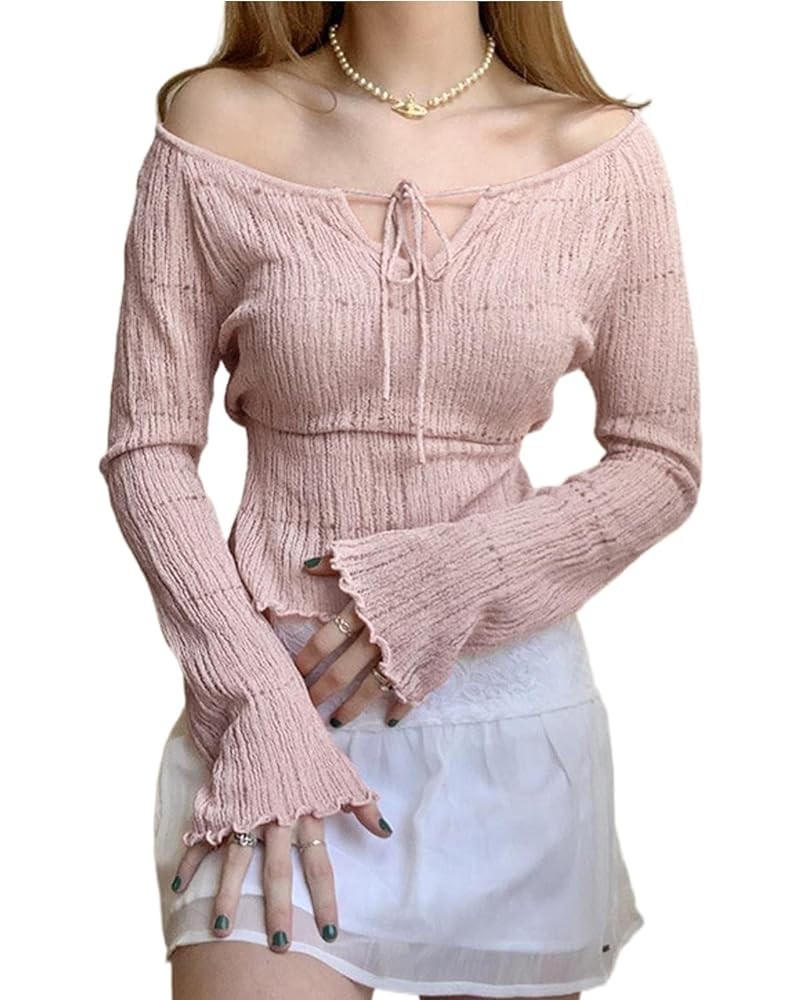 Women Y2K Off Shoulder Sweater Kawaii Long Sleeve Lace Trim Ribbed Knit Pullover Top Cute Jumper Coquette Streetwear Pink $11...