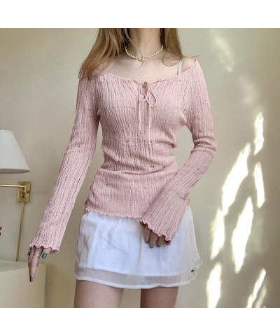 Women Y2K Off Shoulder Sweater Kawaii Long Sleeve Lace Trim Ribbed Knit Pullover Top Cute Jumper Coquette Streetwear Pink $11...