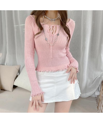 Women Y2K Off Shoulder Sweater Kawaii Long Sleeve Lace Trim Ribbed Knit Pullover Top Cute Jumper Coquette Streetwear Pink $11...