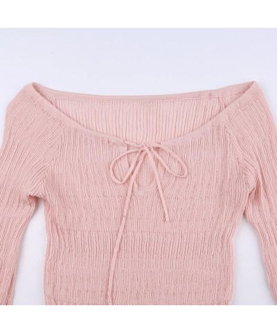 Women Y2K Off Shoulder Sweater Kawaii Long Sleeve Lace Trim Ribbed Knit Pullover Top Cute Jumper Coquette Streetwear Pink $11...