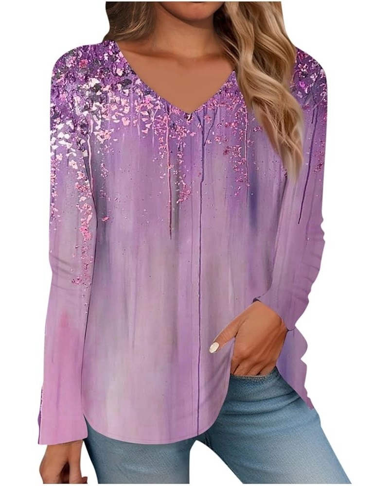 Long Sleeve Shirts for Women Womens Spring Fashion 2024 Going Out Tops Classic Graphic Tees Ladies V Neck Blouses 4-purple $7...