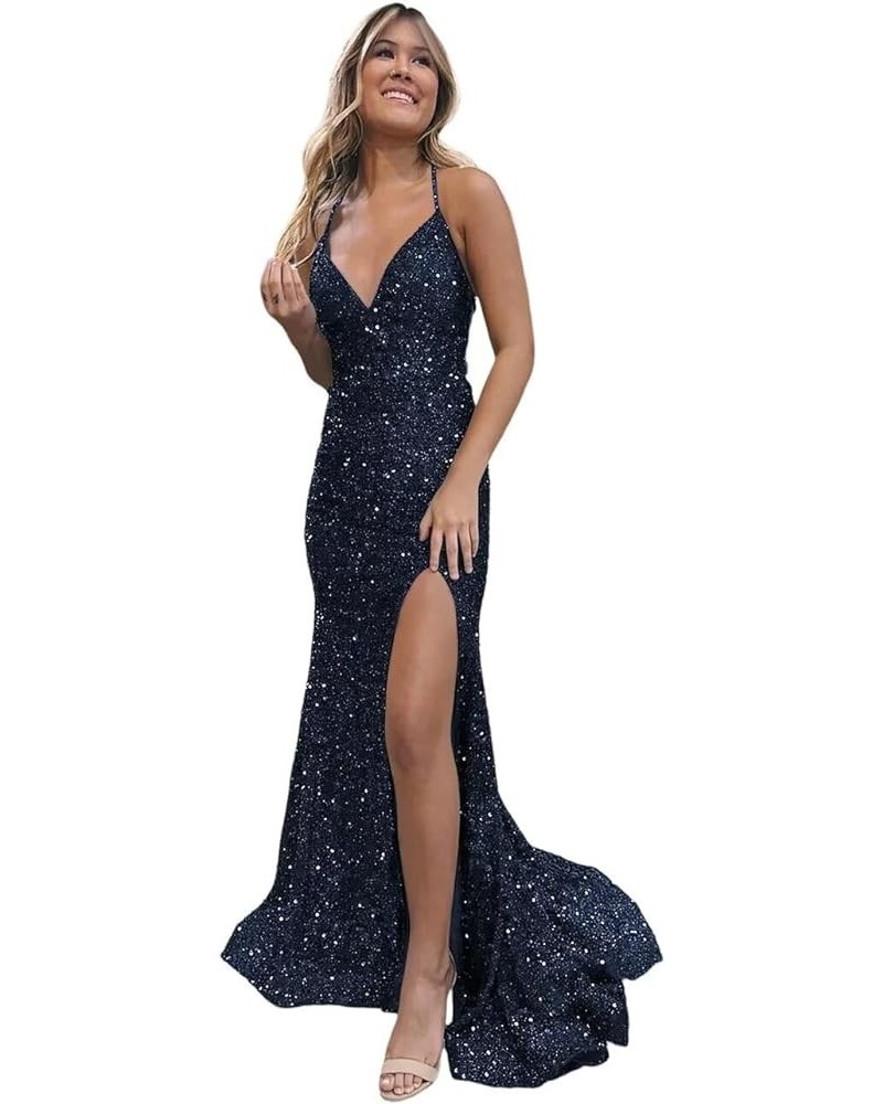 Women Sparkly Sequin Prom Dresses Long Spaghetti Strap Sweetheart Sheath Formal Prom Gowns with Slit QA105 B-navy_blue $26.65...