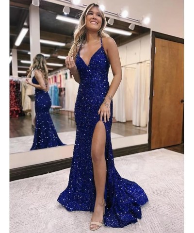 Women Sparkly Sequin Prom Dresses Long Spaghetti Strap Sweetheart Sheath Formal Prom Gowns with Slit QA105 B-navy_blue $26.65...