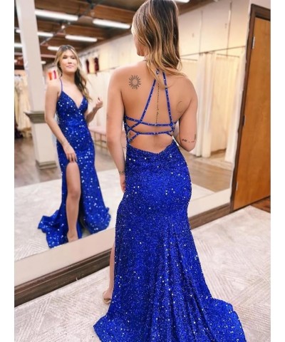 Women Sparkly Sequin Prom Dresses Long Spaghetti Strap Sweetheart Sheath Formal Prom Gowns with Slit QA105 B-navy_blue $26.65...