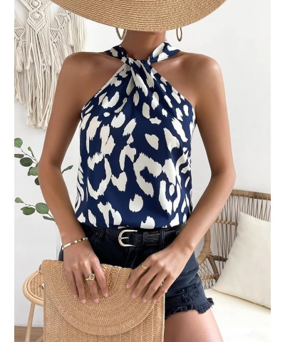 Women's Sleeveless Satin Tank Top Backless Tie Back Solid Halter Blouse Graphic Blue $18.59 Tanks