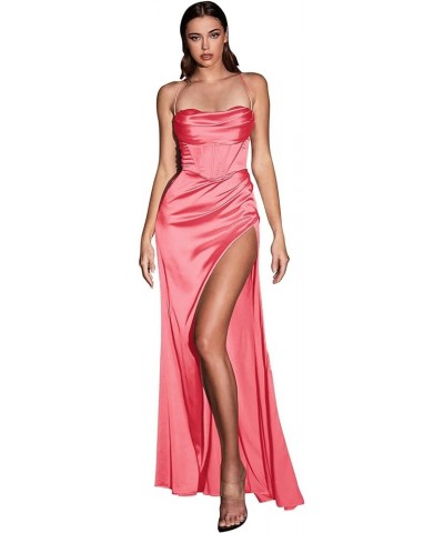 Halter Satin Prom Dresses with Slit 2023 Long Bridesmaid Dress for Women Formal Evening Party Gowns Coral $29.82 Dresses