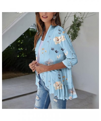 Cardigan for Women,2023 Summer Dressy Casual Open Front 3/4 Sleeve Tops Trendy Floral Ruffle Irregular Hem Shirts E-blue $7.6...