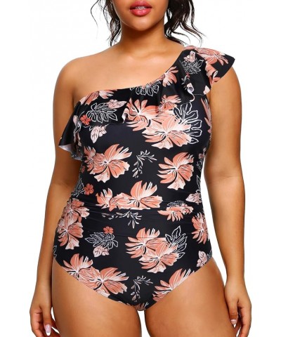 Plus Size Bathing Suits for Women One Piece Swimsuits One Shoulder Ruffle Tummy Control Swimwear Black Orange Flower $17.50 S...