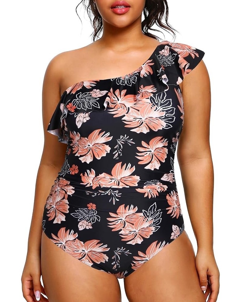 Plus Size Bathing Suits for Women One Piece Swimsuits One Shoulder Ruffle Tummy Control Swimwear Black Orange Flower $17.50 S...