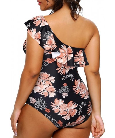 Plus Size Bathing Suits for Women One Piece Swimsuits One Shoulder Ruffle Tummy Control Swimwear Black Orange Flower $17.50 S...