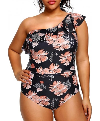 Plus Size Bathing Suits for Women One Piece Swimsuits One Shoulder Ruffle Tummy Control Swimwear Black Orange Flower $17.50 S...