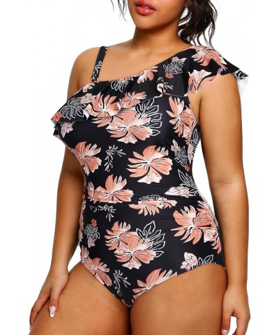 Plus Size Bathing Suits for Women One Piece Swimsuits One Shoulder Ruffle Tummy Control Swimwear Black Orange Flower $17.50 S...