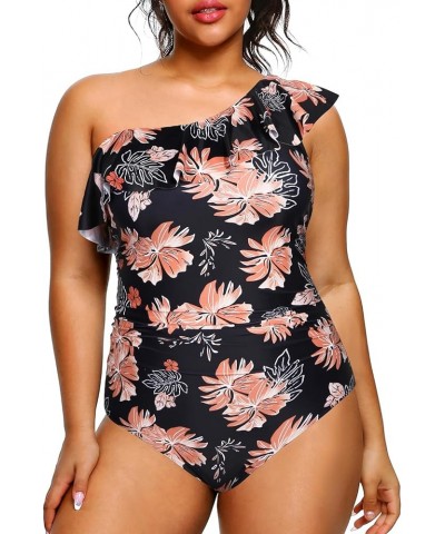 Plus Size Bathing Suits for Women One Piece Swimsuits One Shoulder Ruffle Tummy Control Swimwear Black Orange Flower $17.50 S...