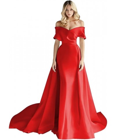 Women's Off Shoulder Satin Prom Dresses Long Simple Wedding Dress with Cape Ball Formal Evening Gown Red $39.48 Dresses