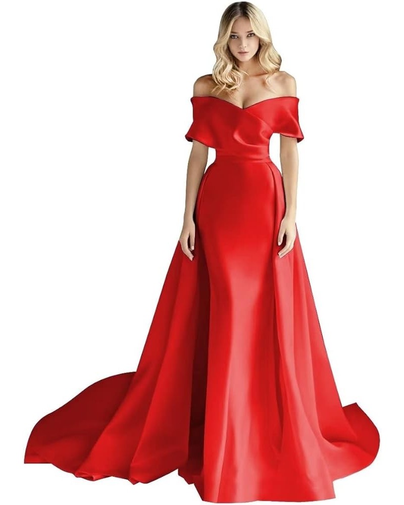 Women's Off Shoulder Satin Prom Dresses Long Simple Wedding Dress with Cape Ball Formal Evening Gown Red $39.48 Dresses