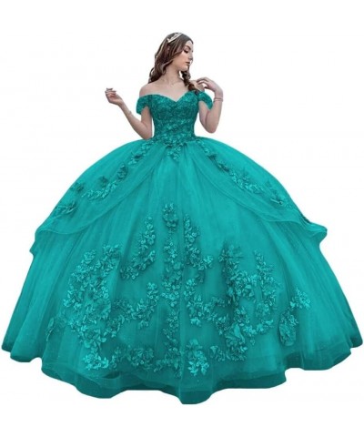 3D Floral Quinceanera Dresses Ball Gown Puffy Sparkly Tulle Sweet 16 Dresses Off Shoulder Lace Princess Dress Y120 Turquoise ...