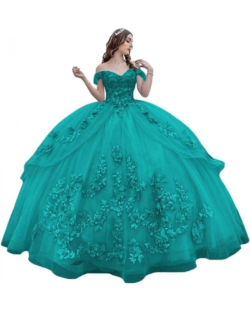 3D Floral Quinceanera Dresses Ball Gown Puffy Sparkly Tulle Sweet 16 Dresses Off Shoulder Lace Princess Dress Y120 Turquoise ...