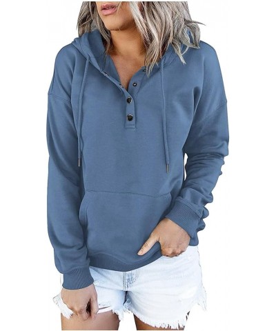 Hoodies for Women Button Collar Drawstring Sweatshirts Fall Clothes Pullover Dressy Casual Long Sleeve Tops with Pocket 4-blu...