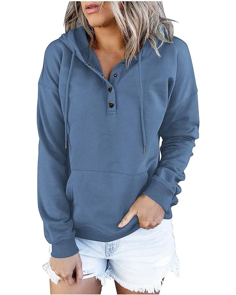 Hoodies for Women Button Collar Drawstring Sweatshirts Fall Clothes Pullover Dressy Casual Long Sleeve Tops with Pocket 4-blu...