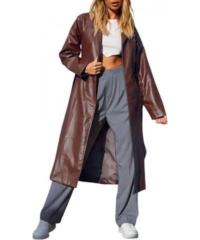 Women's Casual Lapel Open Front Pu Faux Leather Long Trench Coat with Belt Brown $27.59 Coats