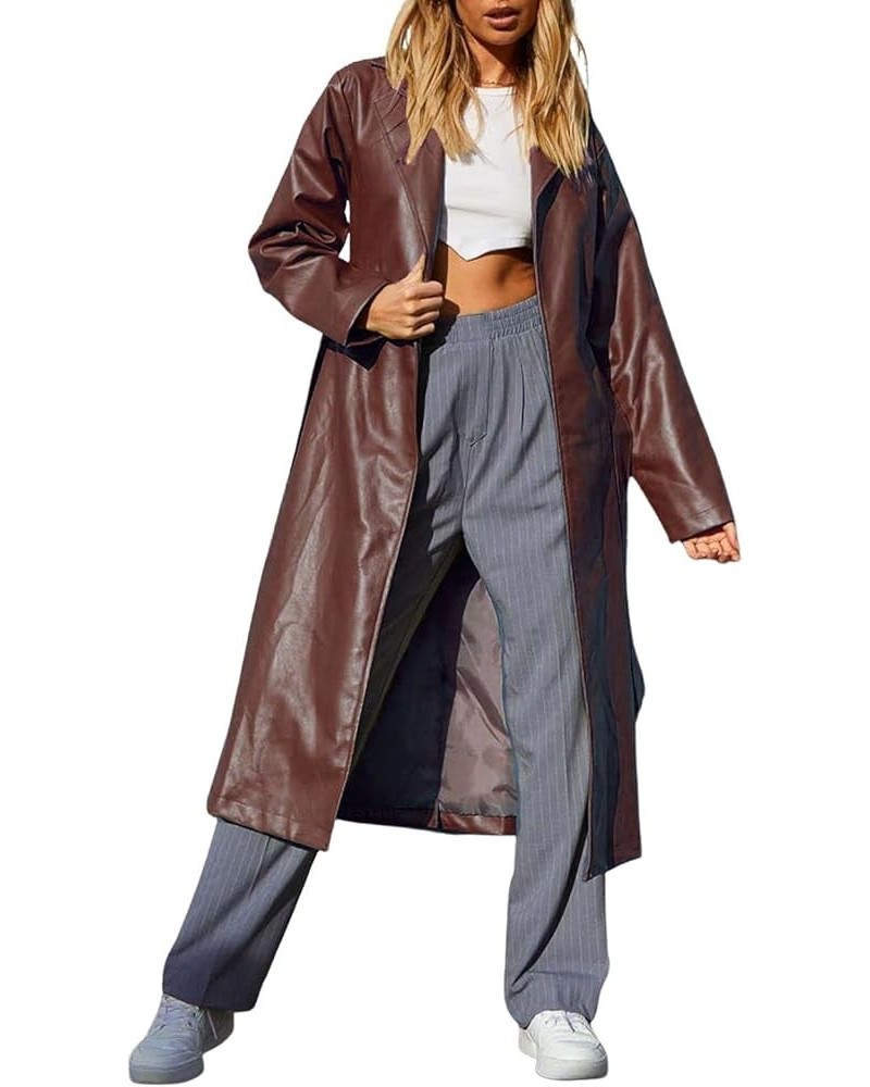 Women's Casual Lapel Open Front Pu Faux Leather Long Trench Coat with Belt Brown $27.59 Coats