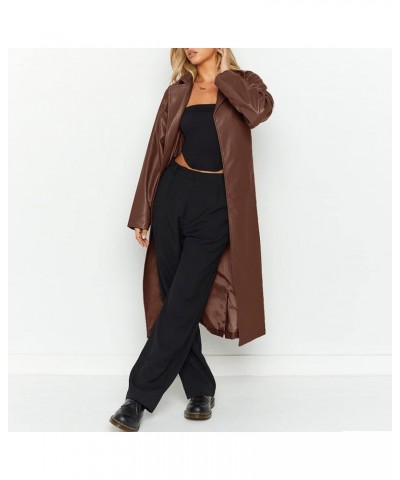 Women's Casual Lapel Open Front Pu Faux Leather Long Trench Coat with Belt Brown $27.59 Coats