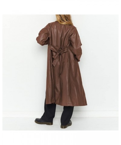 Women's Casual Lapel Open Front Pu Faux Leather Long Trench Coat with Belt Brown $27.59 Coats