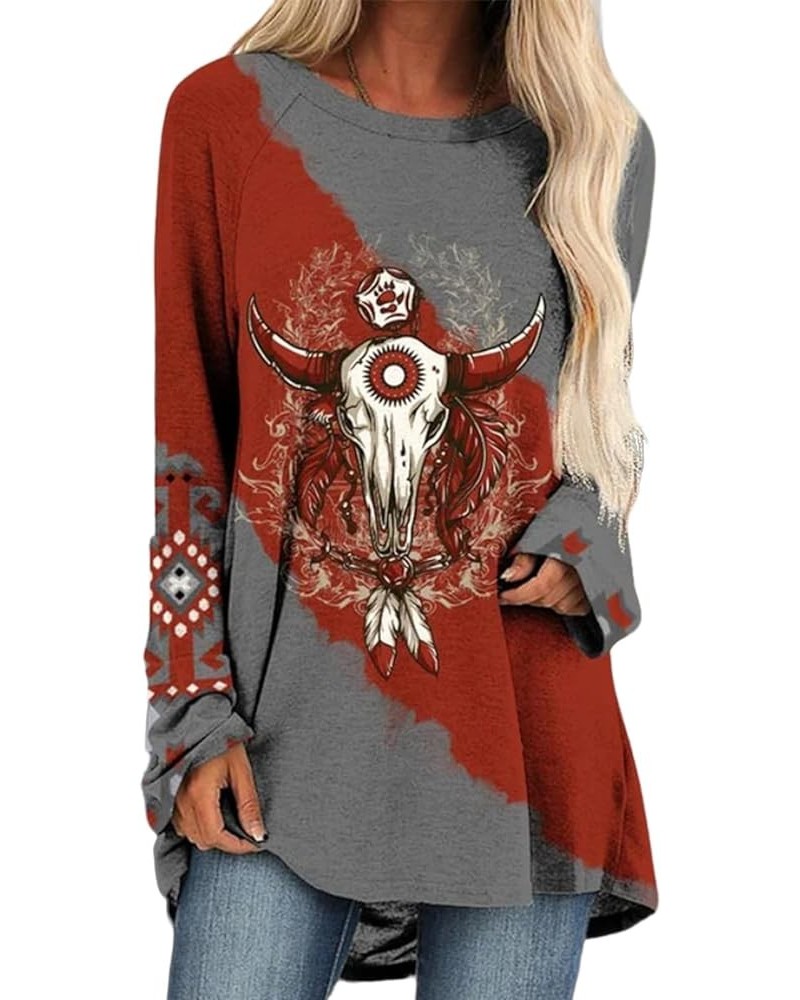 Women Shirts Vintage Geometric Print Crewneck Casual Long Sweatshirts for Women Pullover Sweaters Tops B Bullhead Red Gray-35...