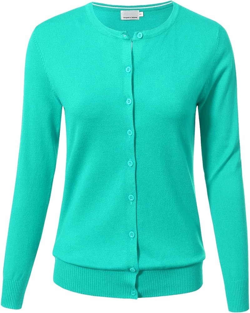 Women's Long Sleeve Button Down Lightweight Crewneck Knit Cardigan Sweater Mint $14.85 Sweaters