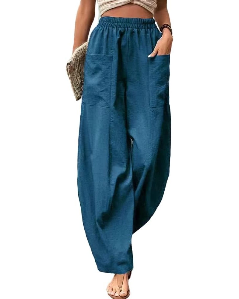 Women's Casual Linen Elastic Waist Pants High Waist Loose Comfy Trousers Wide Leg Pants for Women with 2 Pockets Blue $13.50 ...