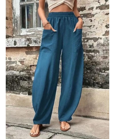 Women's Casual Linen Elastic Waist Pants High Waist Loose Comfy Trousers Wide Leg Pants for Women with 2 Pockets Blue $13.50 ...