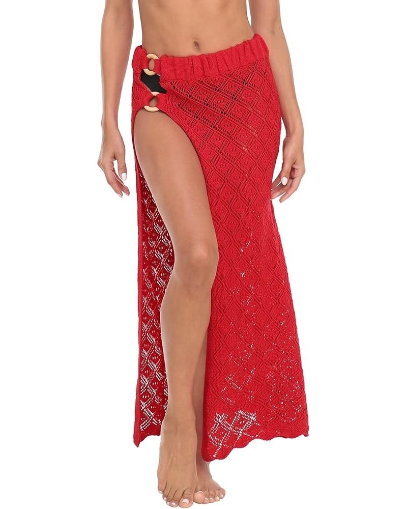 Womens Crochet Cotton Maxi Skirt Beach Cover Up Hollow Knit Swimsuit Coverup Red $15.96 Swimsuits