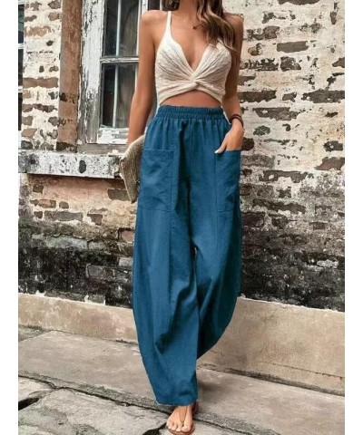 Women's Casual Linen Elastic Waist Pants High Waist Loose Comfy Trousers Wide Leg Pants for Women with 2 Pockets Blue $13.50 ...