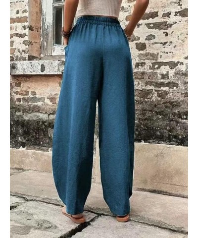 Women's Casual Linen Elastic Waist Pants High Waist Loose Comfy Trousers Wide Leg Pants for Women with 2 Pockets Blue $13.50 ...