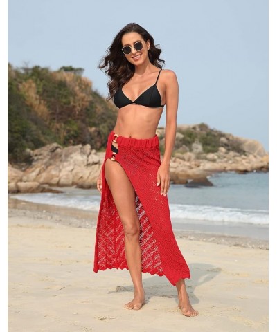 Womens Crochet Cotton Maxi Skirt Beach Cover Up Hollow Knit Swimsuit Coverup Red $15.96 Swimsuits