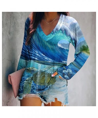 Womens Long Sleeve Tops Sea Turtle Print Graphic Tees Plus Size V-Neck T-Shirt Ladies Casual Comfy Cute Blouse Navy-a $10.20 ...