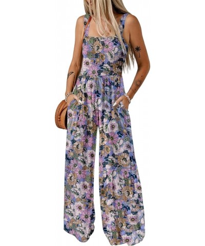 Women's Casual Loose Overalls Jumpsuits One Piece Sleeveless Printed Wide Leg Long Pant Rompers With Pockets Purple $22.55 Ju...