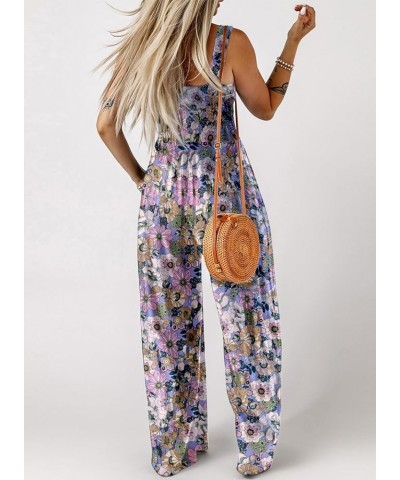 Women's Casual Loose Overalls Jumpsuits One Piece Sleeveless Printed Wide Leg Long Pant Rompers With Pockets Purple $22.55 Ju...