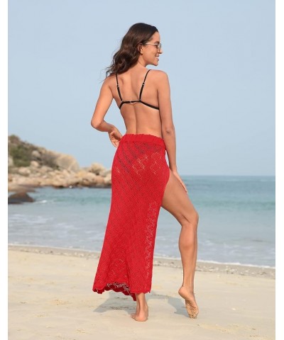 Womens Crochet Cotton Maxi Skirt Beach Cover Up Hollow Knit Swimsuit Coverup Red $15.96 Swimsuits