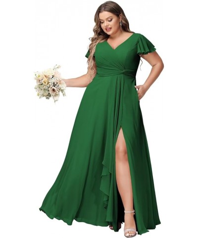 Women's Fultter Sleeves Bridesmaid Dresses Long with Slit Pleated Chiffon Formal Party Dresses with Pocket NA20 Emerald Green...