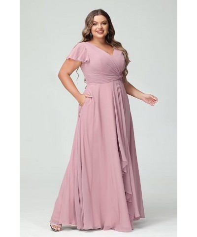 Women's Fultter Sleeves Bridesmaid Dresses Long with Slit Pleated Chiffon Formal Party Dresses with Pocket NA20 Emerald Green...