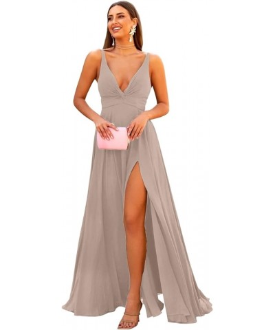 Deep V-Neck Bridesmaid Dresses 2024 Long Chiffon Slit Twisted Front Formal Evening Gown with Pockets Taupe $32.44 Dresses