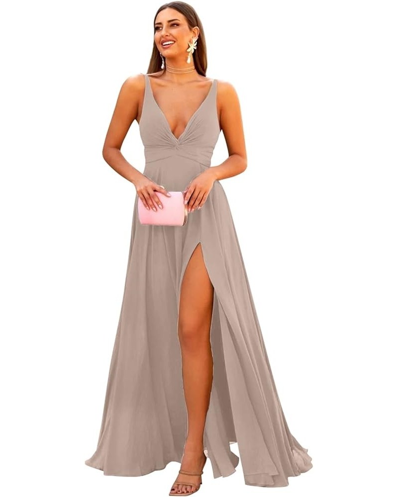 Deep V-Neck Bridesmaid Dresses 2024 Long Chiffon Slit Twisted Front Formal Evening Gown with Pockets Taupe $32.44 Dresses