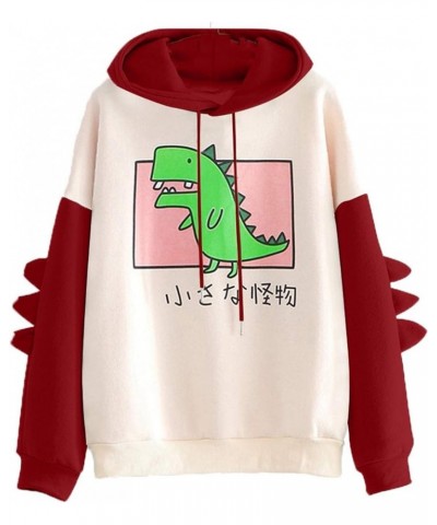 Bear Hoodie For Womens Autumn Patchwork Sweatshirts Long Sleeve Pullover With Cute Personality Bag Dino Hoodie-red $14.16 Hoo...