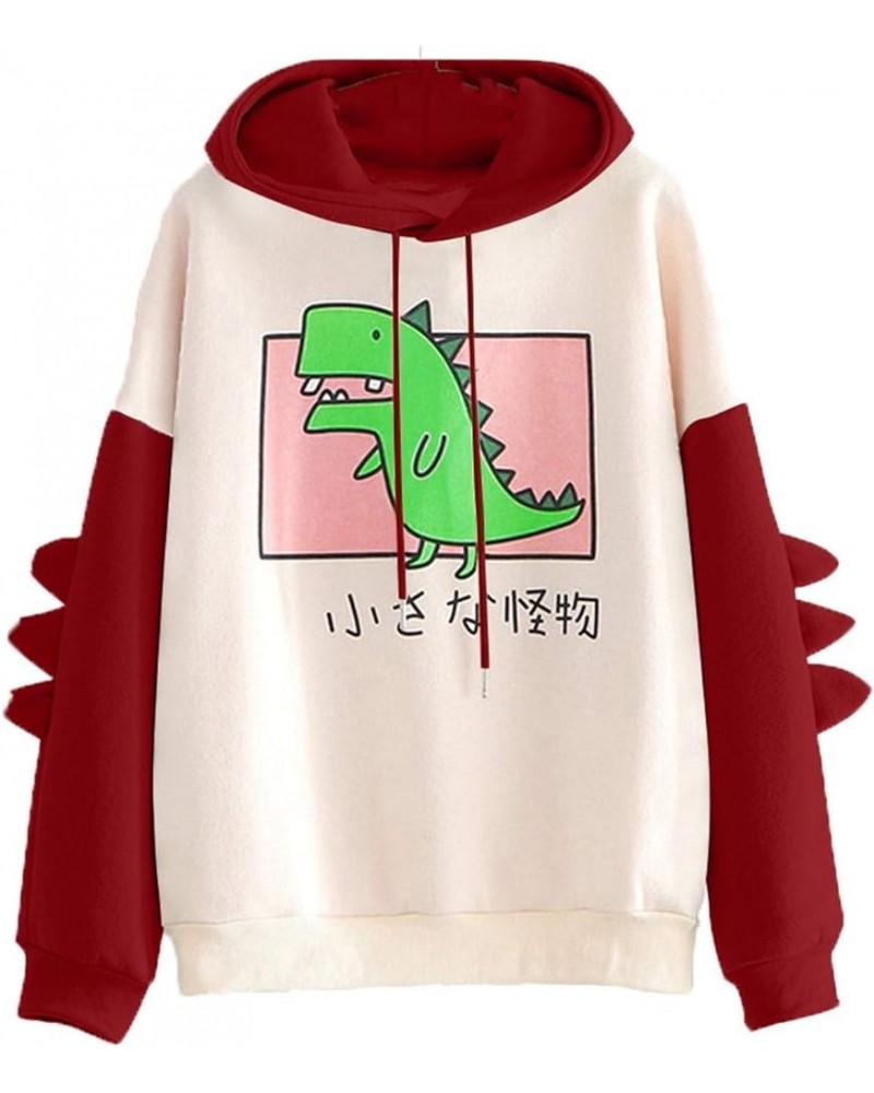 Bear Hoodie For Womens Autumn Patchwork Sweatshirts Long Sleeve Pullover With Cute Personality Bag Dino Hoodie-red $14.16 Hoo...